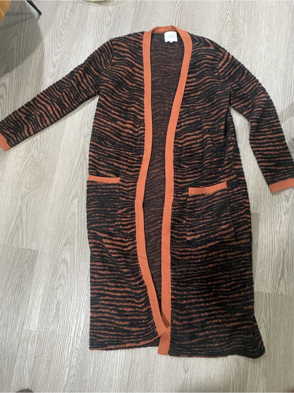 J.O.A. Long Tiger-Stripe Cardigan in Black and Rust